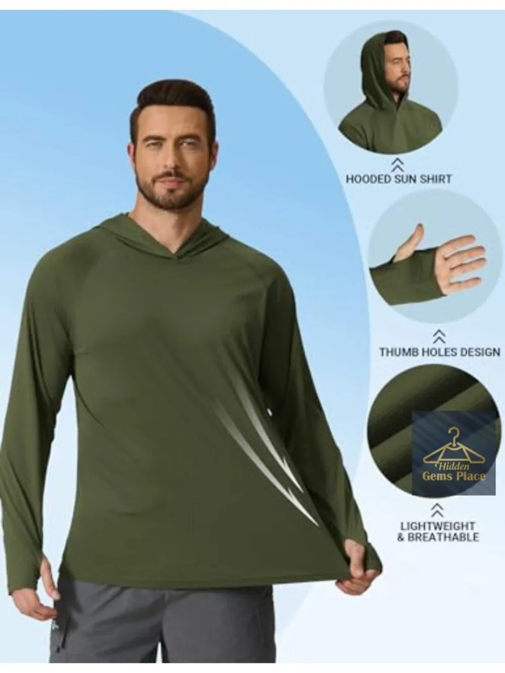 SPF 50+ Long Sleeve Rash Guard Sun Hoodie Fishing Shirt with Thumbhole